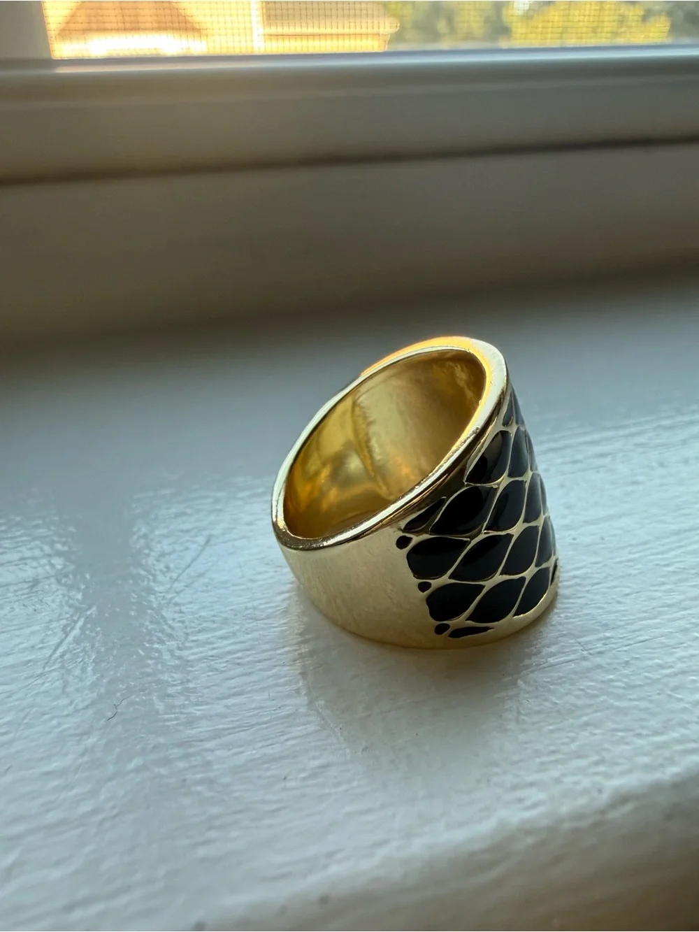 NEW! 18k Gold Plated & Black Enamel Wide Dome Ring - size 6.5